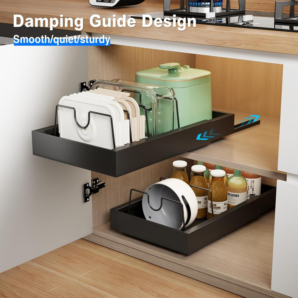 2 Pack Pull Out Cabinet Organizer, Slide Out Drawers for Cabinets, Peel and Stick, Heavy Duty Shelves for Kitchen, Cupboard, Pantry, Bathroom (16.5"D*11.8"W*3.94"H-Black)