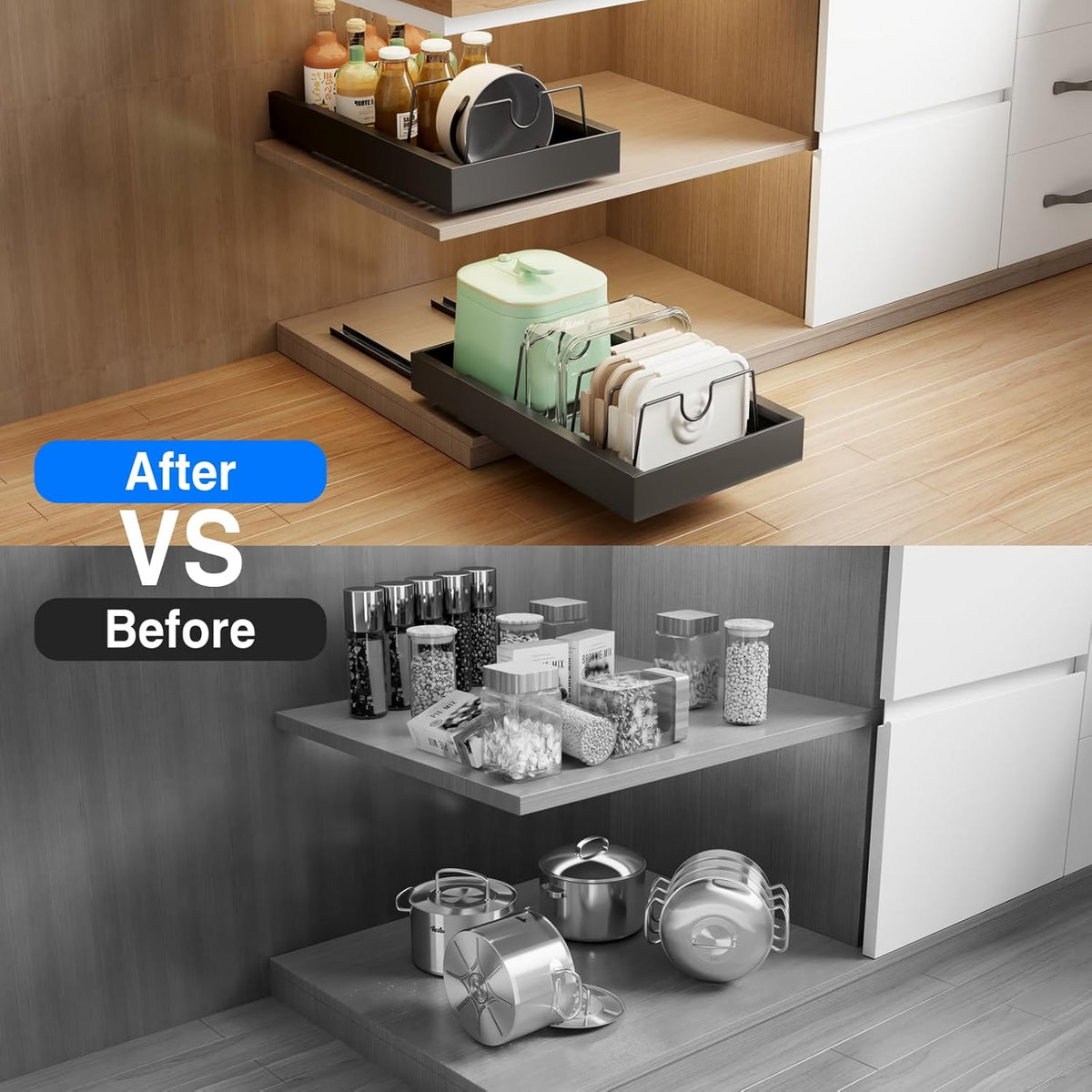 2 Pack Pull Out Cabinet Organizer, Slide Out Drawers for Cabinets, Peel and Stick, Heavy Duty Shelves for Kitchen, Cupboard, Pantry, Bathroom (16.5"D*11.8"W*3.94"H-Black)