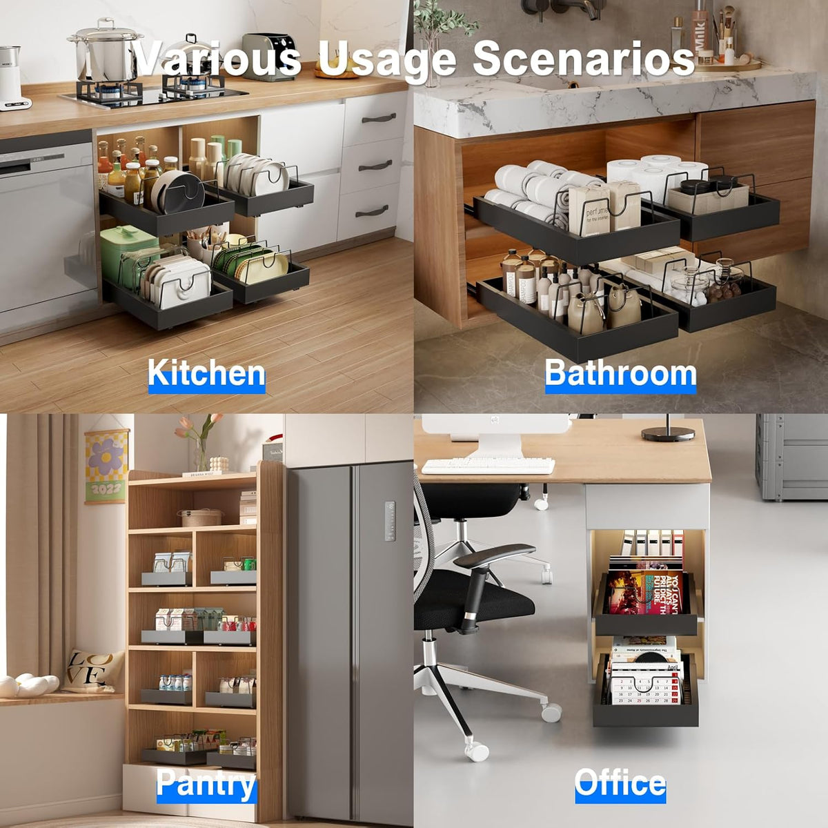 2 Pack Pull Out Cabinet Organizer, Slide Out Drawers for Cabinets, Peel and Stick, Heavy Duty Shelves for Kitchen, Cupboard, Pantry, Bathroom (16.5"D*11.8"W*3.94"H-Black)