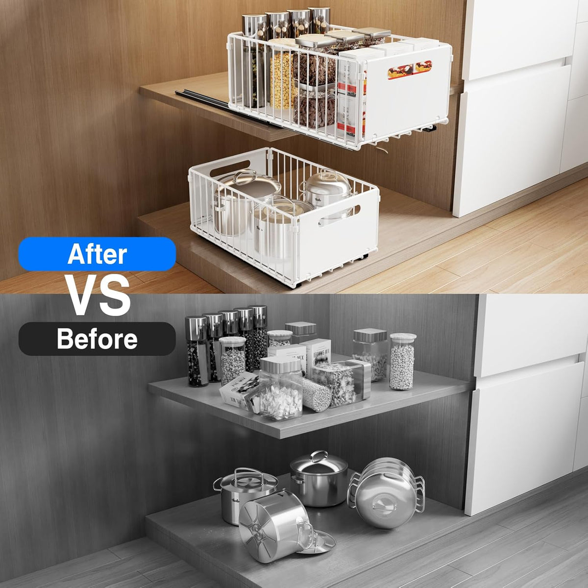 2 Pack Pull Out Cabinet Organizer, Slide Out Drawers for Cabinets, Peel and Stick, Heavy Duty Shelves for Kitchen, Cupboard, Pantry, Bathroom (16.5"D*11.8"W*3.94"H-Black)