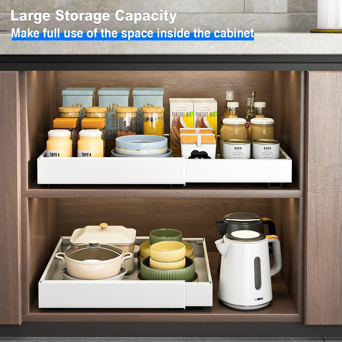 2 Pack Pull Out Cabinet Organizer, Slide Out Drawers for Cabinets, Peel and Stick, Heavy Duty Shelves for Kitchen, Cupboard, Pantry, Bathroom (16.5"D*11.8"W*3.94"H-Black)