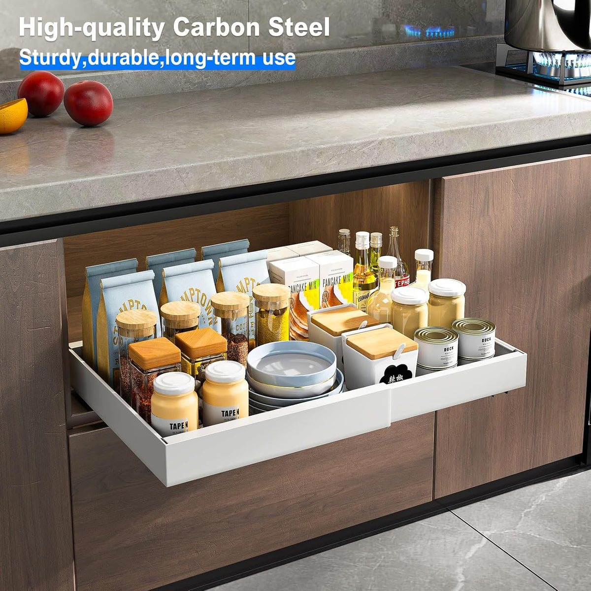 2 Pack Pull Out Cabinet Organizer, Slide Out Drawers for Cabinets, Peel and Stick, Heavy Duty Shelves for Kitchen, Cupboard, Pantry, Bathroom (16.5"D*11.8"W*3.94"H-Black)