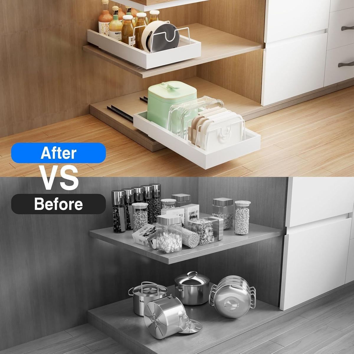 2 Pack Pull Out Cabinet Organizer, Slide Out Drawers for Cabinets, Peel and Stick, Heavy Duty Shelves for Kitchen, Cupboard, Pantry, Bathroom (16.5"D*11.8"W*3.94"H-Black)