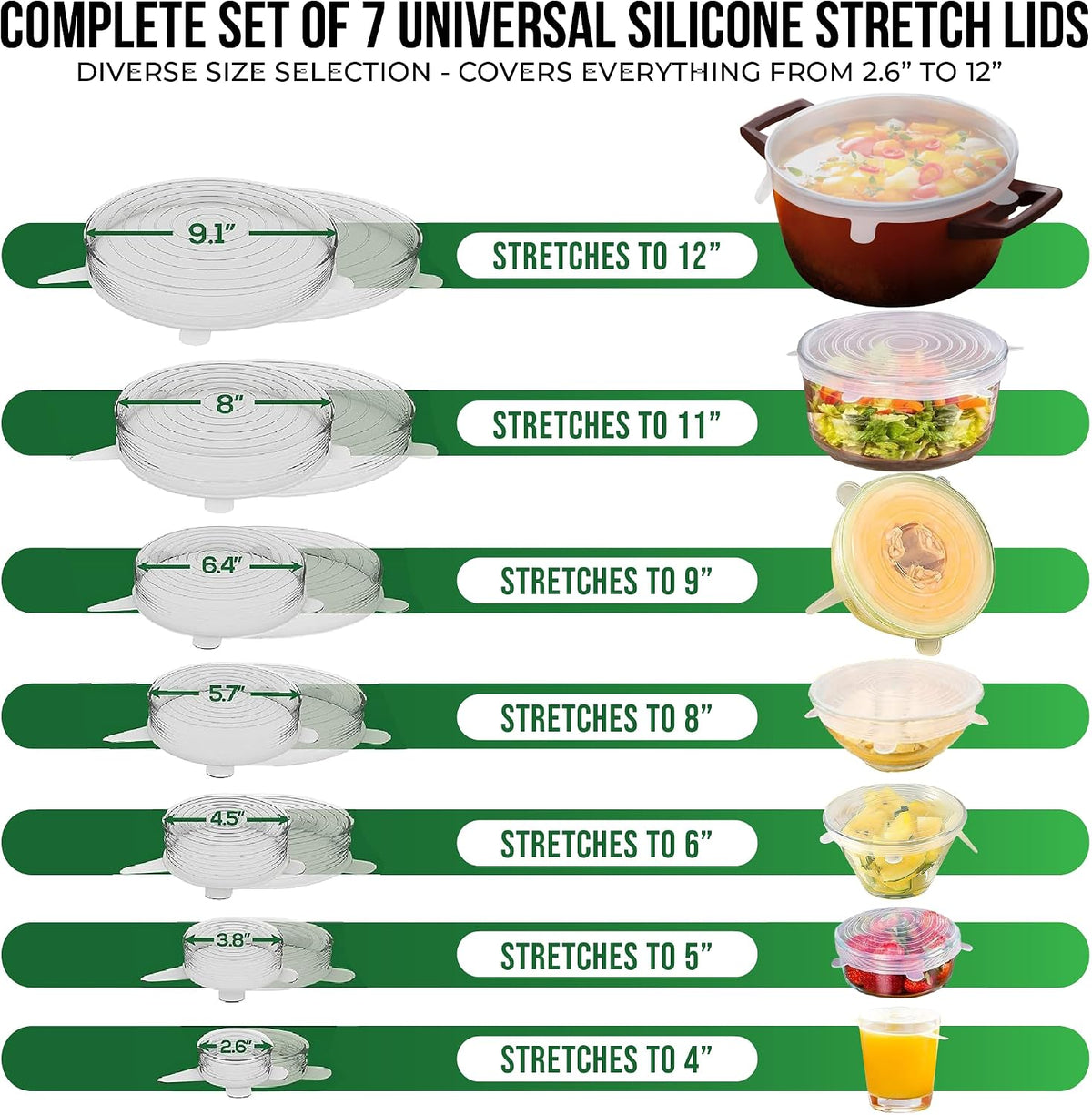 Reusable Silicone Stretch Lids for Food Storage in Fridge - Elastic Heat-Resistant Bowl Covers, Cups, Cans, Jars - Universal Food Grade Lid for Round and Rectangle Containers - Dishwasher Safe -7 Pack