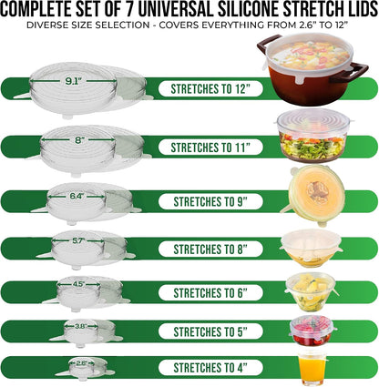 Reusable Silicone Stretch Lids for Food Storage in Fridge - Elastic Heat-Resistant Bowl Covers, Cups, Cans, Jars - Universal Food Grade Lid for Round and Rectangle Containers - Dishwasher Safe -7 Pack