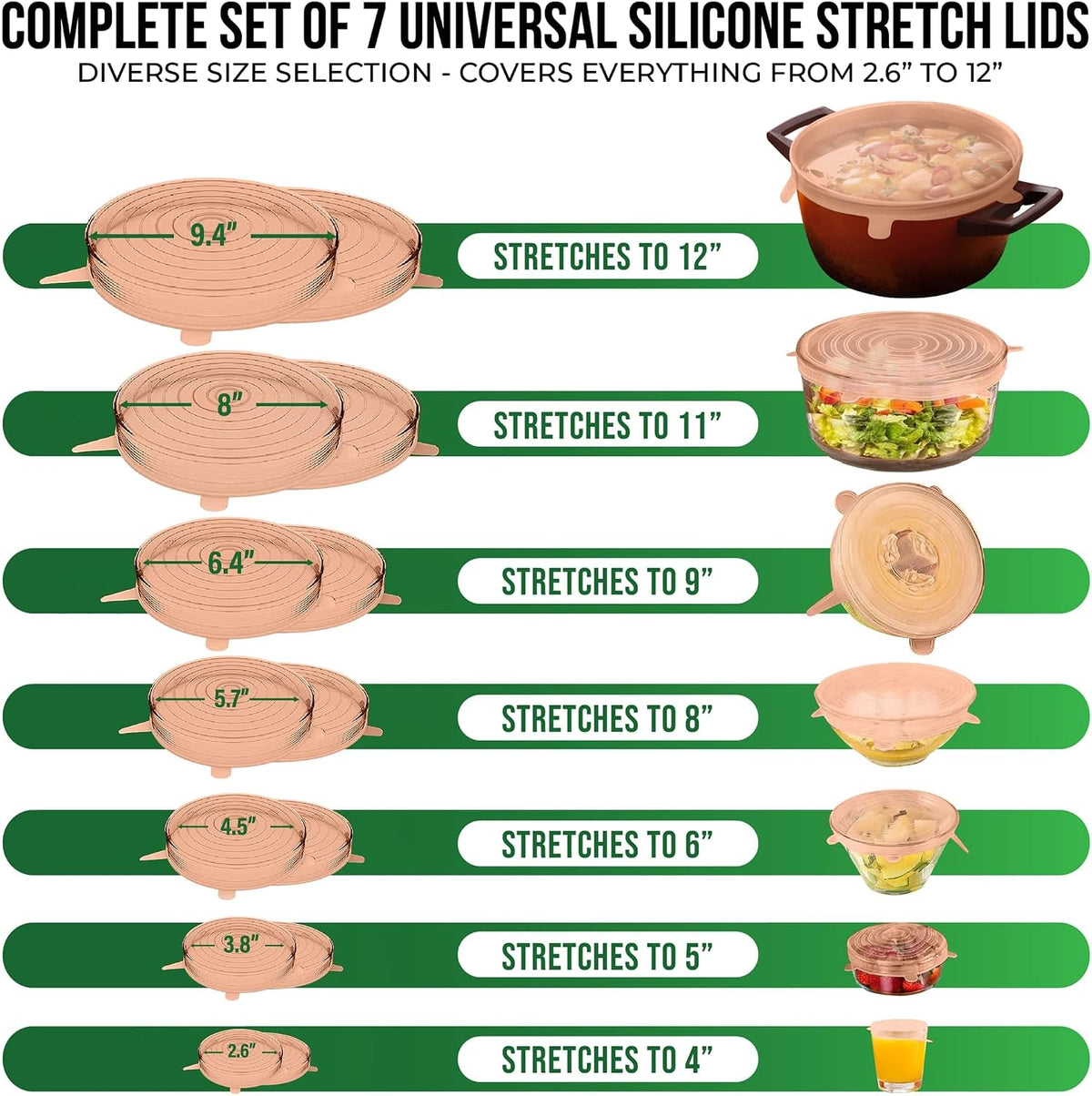 Reusable Silicone Stretch Lids for Food Storage in Fridge - Elastic Heat-Resistant Bowl Covers, Cups, Cans, Jars - Universal Food Grade Lid for Round and Rectangle Containers - Dishwasher Safe -7 Pack
