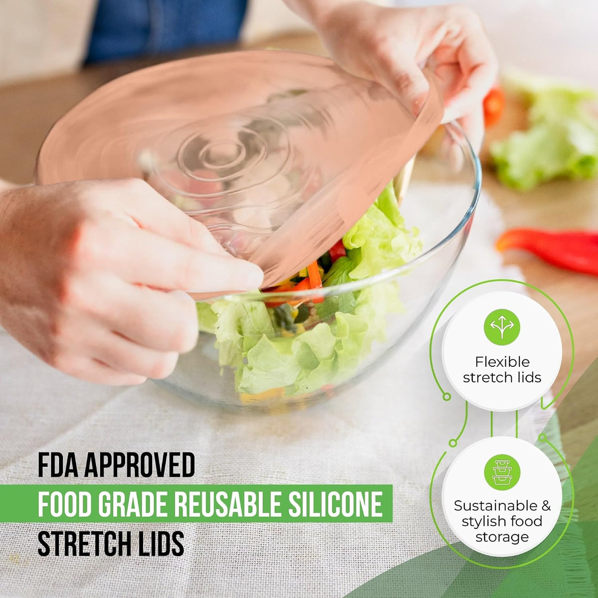 Reusable Silicone Stretch Lids for Food Storage in Fridge - Elastic Heat-Resistant Bowl Covers, Cups, Cans, Jars - Universal Food Grade Lid for Round and Rectangle Containers - Dishwasher Safe -7 Pack