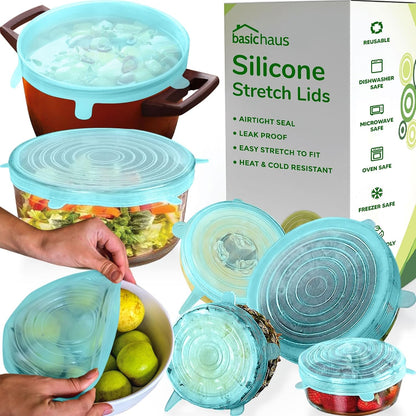 Reusable Silicone Stretch Lids for Food Storage in Fridge - Elastic Heat-Resistant Bowl Covers, Cups, Cans, Jars - Universal Food Grade Lid for Round and Rectangle Containers - Dishwasher Safe -7 Pack