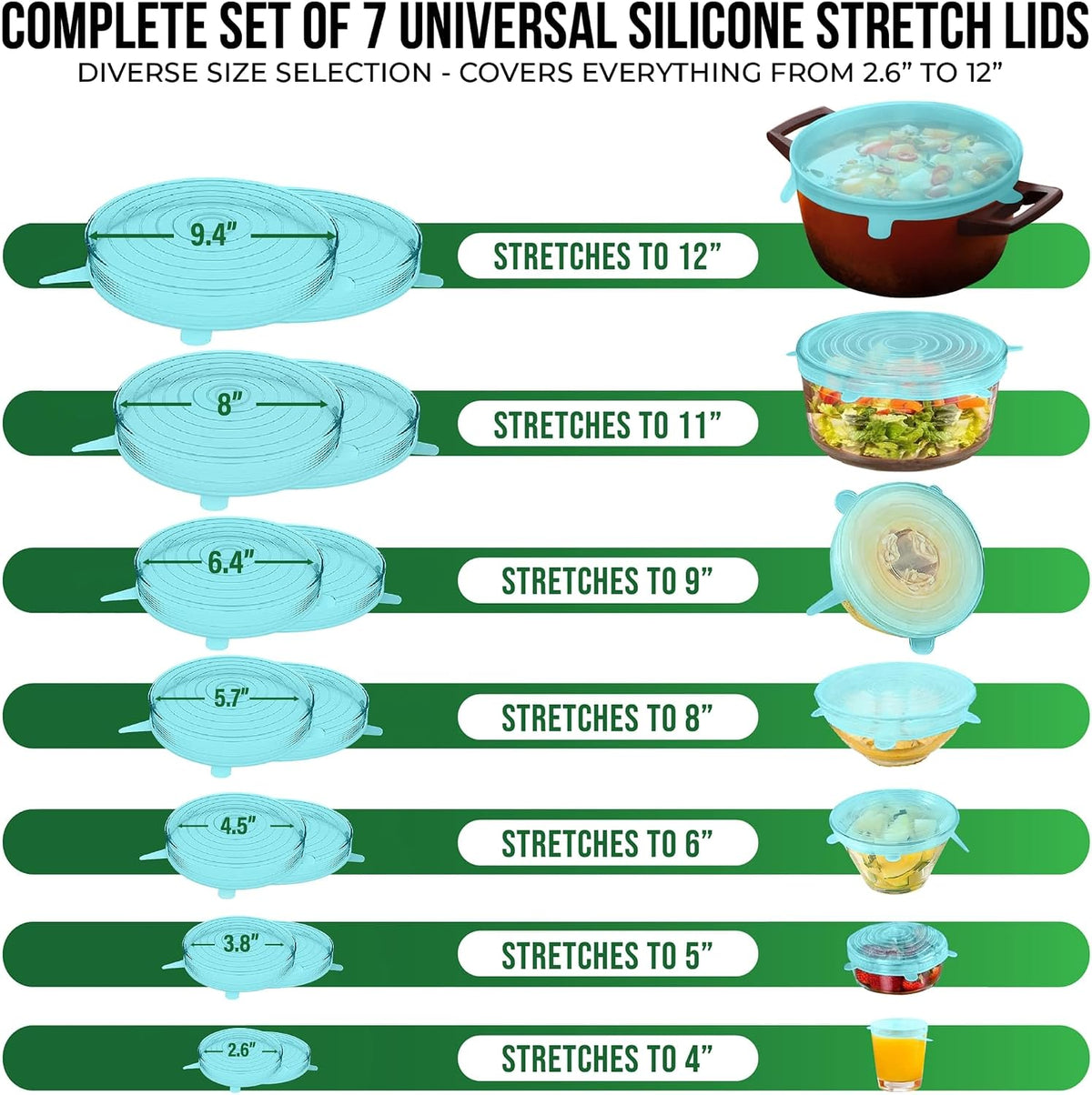 Reusable Silicone Stretch Lids for Food Storage in Fridge - Elastic Heat-Resistant Bowl Covers, Cups, Cans, Jars - Universal Food Grade Lid for Round and Rectangle Containers - Dishwasher Safe -7 Pack
