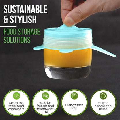 Reusable Silicone Stretch Lids for Food Storage in Fridge - Elastic Heat-Resistant Bowl Covers, Cups, Cans, Jars - Universal Food Grade Lid for Round and Rectangle Containers - Dishwasher Safe -7 Pack