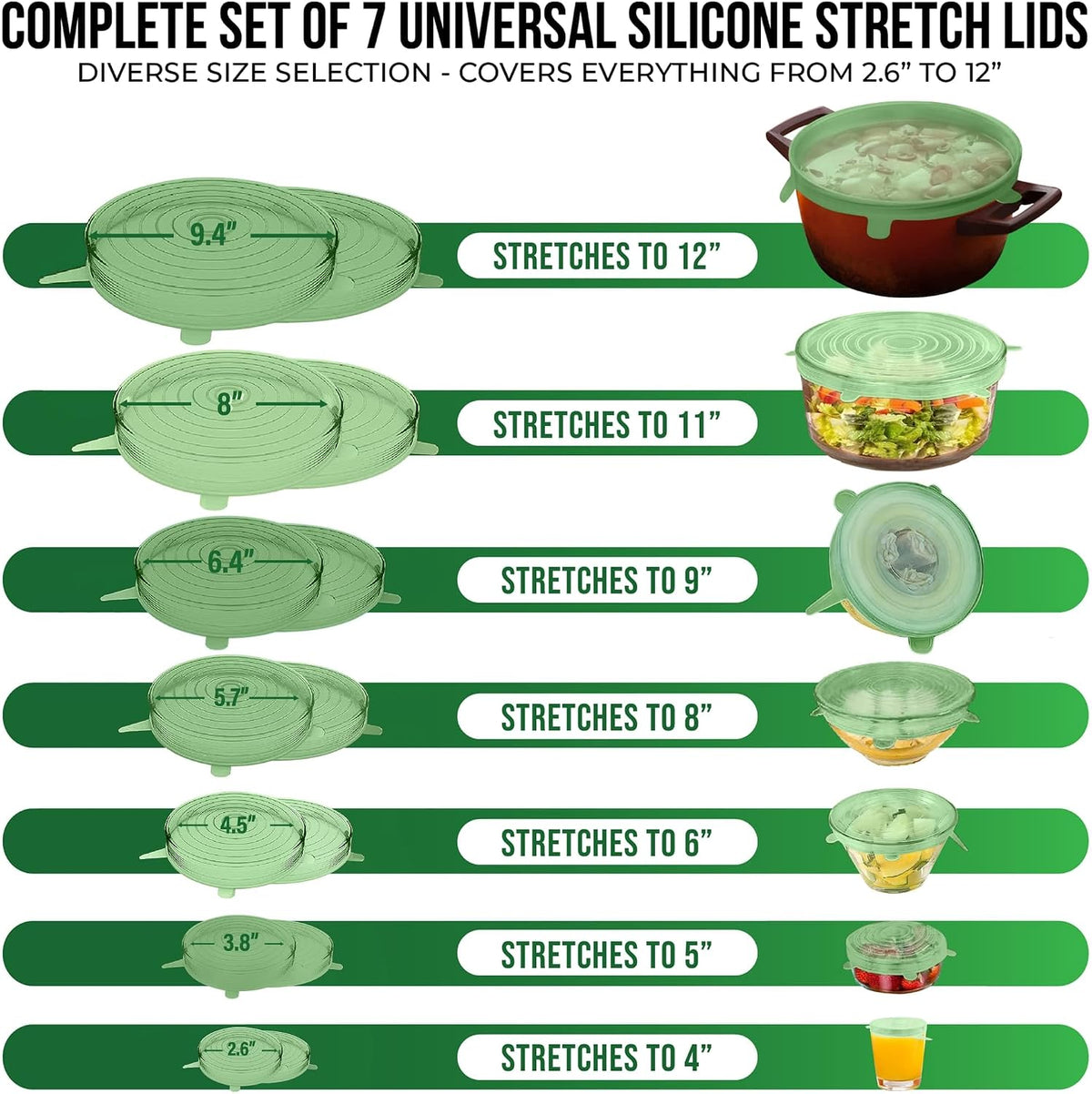 Reusable Silicone Stretch Lids for Food Storage in Fridge - Elastic Heat-Resistant Bowl Covers, Cups, Cans, Jars - Universal Food Grade Lid for Round and Rectangle Containers - Dishwasher Safe -7 Pack