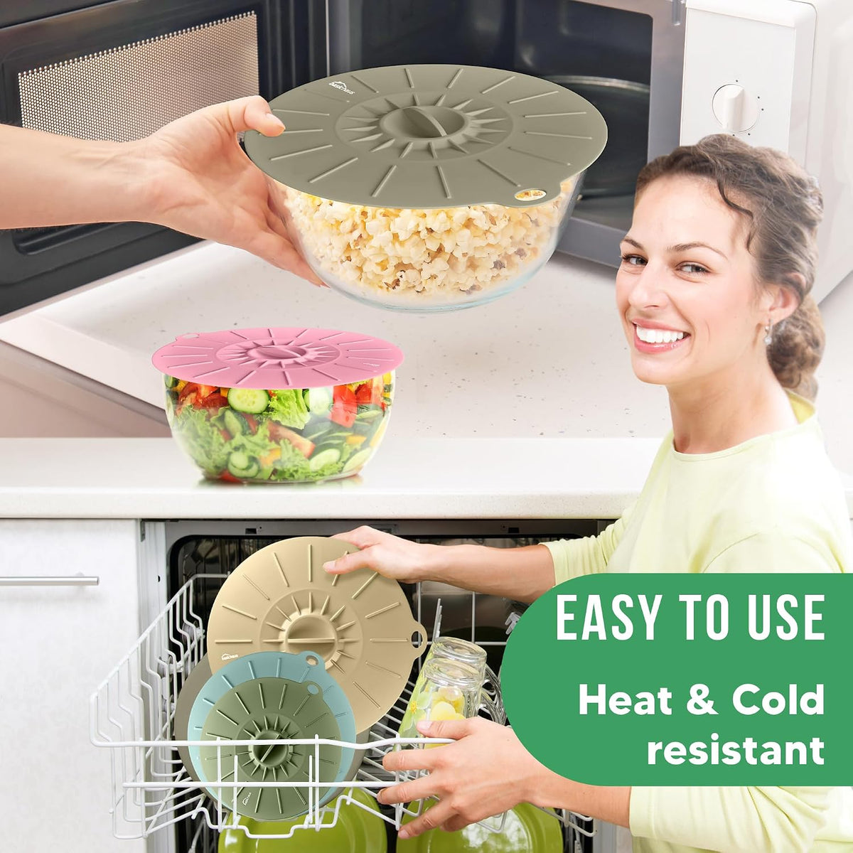 Reusable Silicone Stretch Lids for Food Storage in Fridge - Elastic Heat-Resistant Bowl Covers, Cups, Cans, Jars - Universal Food Grade Lid for Round and Rectangle Containers - Dishwasher Safe -7 Pack