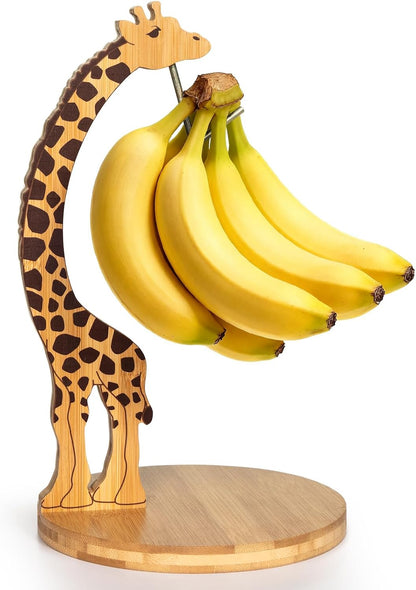 Giraffe Banana Holder Stand, Bamboo Banana Hanger with Stainless Steel Hook for Countertop or Under Cabinet – Decorative Banana Tree Fruit Holder for Even Ripening, Storage and Easy Access
