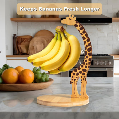 Giraffe Banana Holder Stand, Bamboo Banana Hanger with Stainless Steel Hook for Countertop or Under Cabinet – Decorative Banana Tree Fruit Holder for Even Ripening, Storage and Easy Access