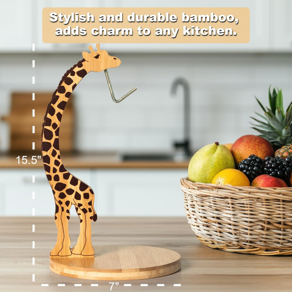 Giraffe Banana Holder Stand, Bamboo Banana Hanger with Stainless Steel Hook for Countertop or Under Cabinet – Decorative Banana Tree Fruit Holder for Even Ripening, Storage and Easy Access