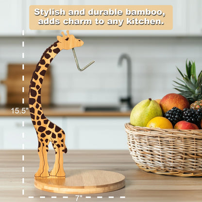 Giraffe Banana Holder Stand, Bamboo Banana Hanger with Stainless Steel Hook for Countertop or Under Cabinet – Decorative Banana Tree Fruit Holder for Even Ripening, Storage and Easy Access