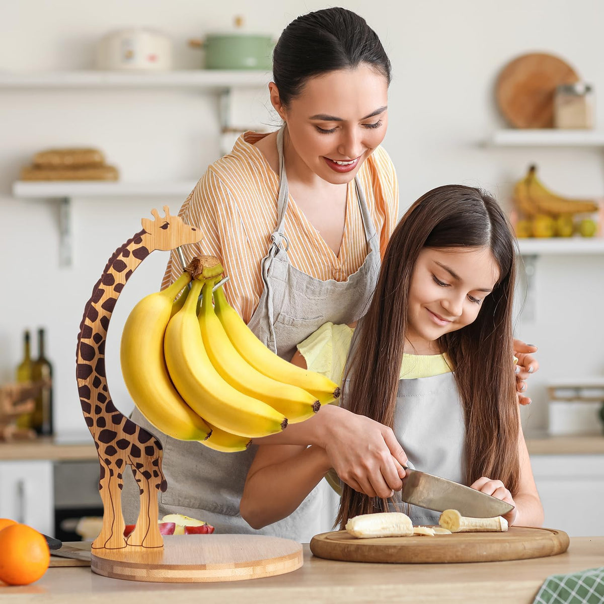 Giraffe Banana Holder Stand, Bamboo Banana Hanger with Stainless Steel Hook for Countertop or Under Cabinet – Decorative Banana Tree Fruit Holder for Even Ripening, Storage and Easy Access