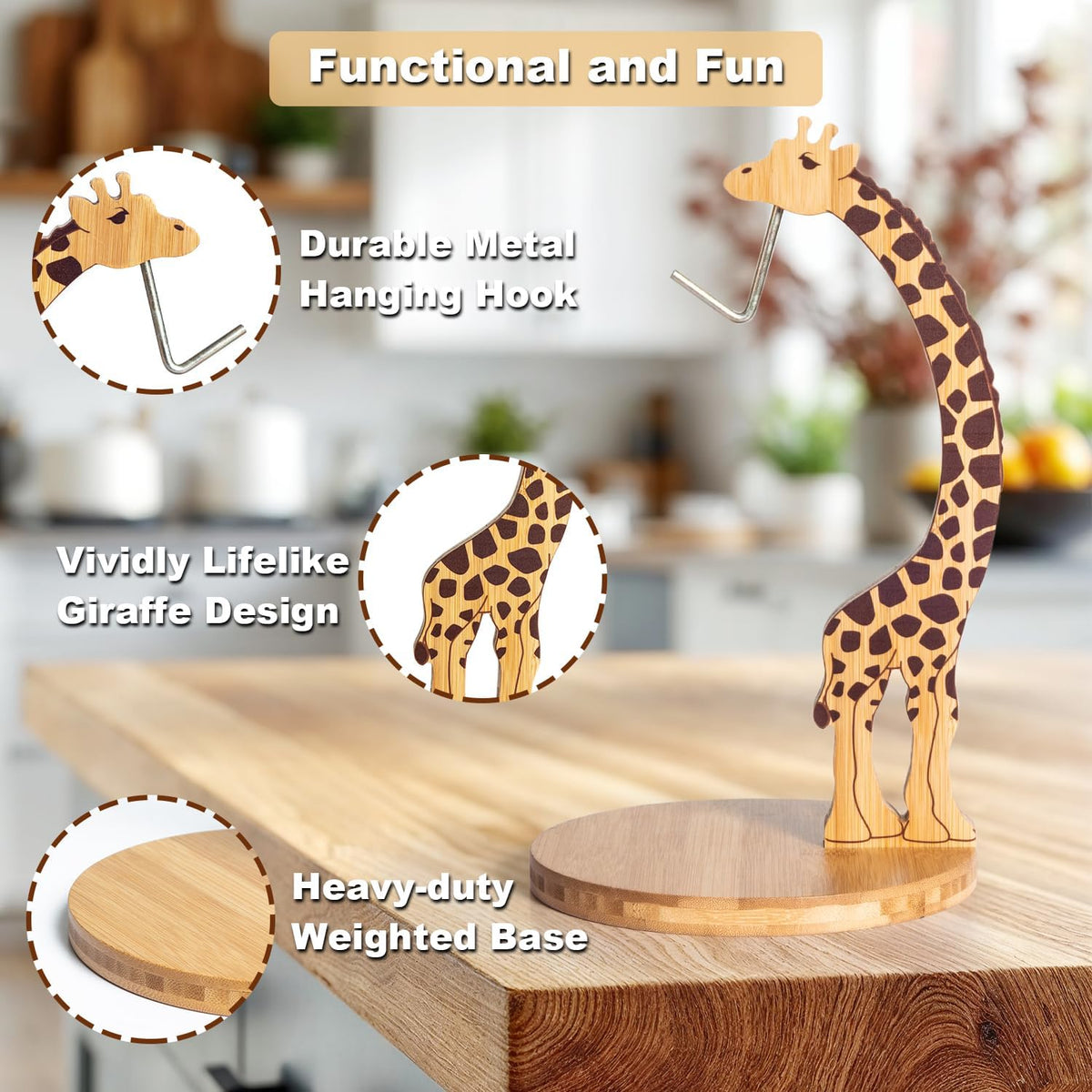 Giraffe Banana Holder Stand, Bamboo Banana Hanger with Stainless Steel Hook for Countertop or Under Cabinet – Decorative Banana Tree Fruit Holder for Even Ripening, Storage and Easy Access