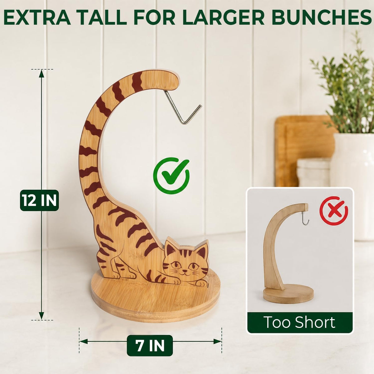 Giraffe Banana Holder Stand, Bamboo Banana Hanger with Stainless Steel Hook for Countertop or Under Cabinet – Decorative Banana Tree Fruit Holder for Even Ripening, Storage and Easy Access