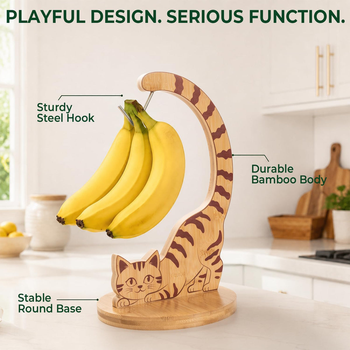 Giraffe Banana Holder Stand, Bamboo Banana Hanger with Stainless Steel Hook for Countertop or Under Cabinet – Decorative Banana Tree Fruit Holder for Even Ripening, Storage and Easy Access