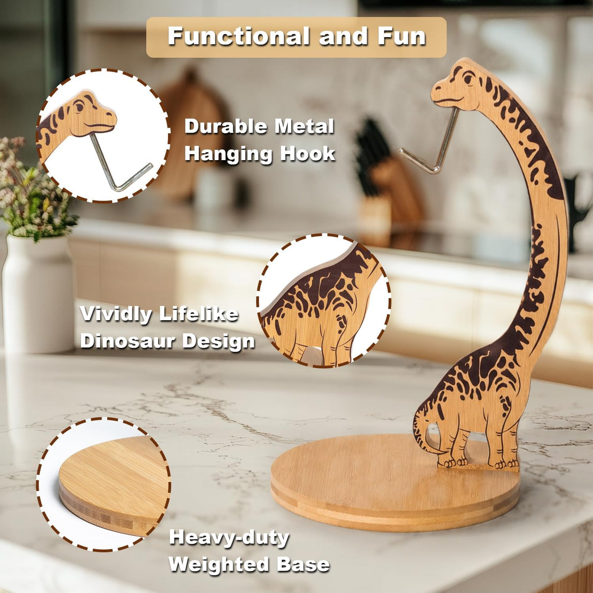 Giraffe Banana Holder Stand, Bamboo Banana Hanger with Stainless Steel Hook for Countertop or Under Cabinet – Decorative Banana Tree Fruit Holder for Even Ripening, Storage and Easy Access