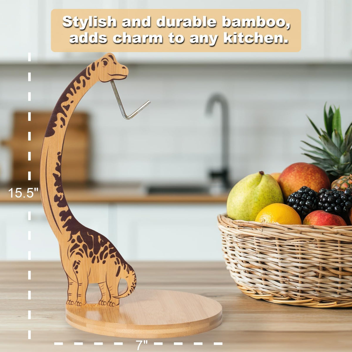 Giraffe Banana Holder Stand, Bamboo Banana Hanger with Stainless Steel Hook for Countertop or Under Cabinet – Decorative Banana Tree Fruit Holder for Even Ripening, Storage and Easy Access