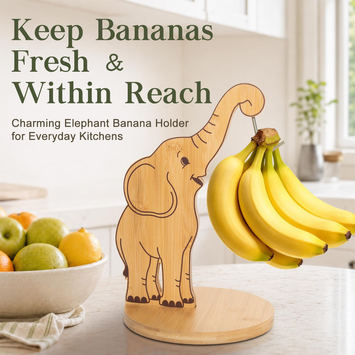 Giraffe Banana Holder Stand, Bamboo Banana Hanger with Stainless Steel Hook for Countertop or Under Cabinet – Decorative Banana Tree Fruit Holder for Even Ripening, Storage and Easy Access