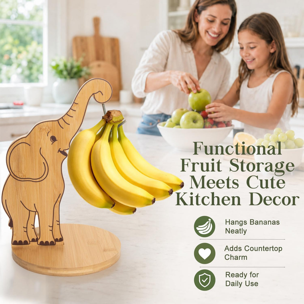 Giraffe Banana Holder Stand, Bamboo Banana Hanger with Stainless Steel Hook for Countertop or Under Cabinet – Decorative Banana Tree Fruit Holder for Even Ripening, Storage and Easy Access