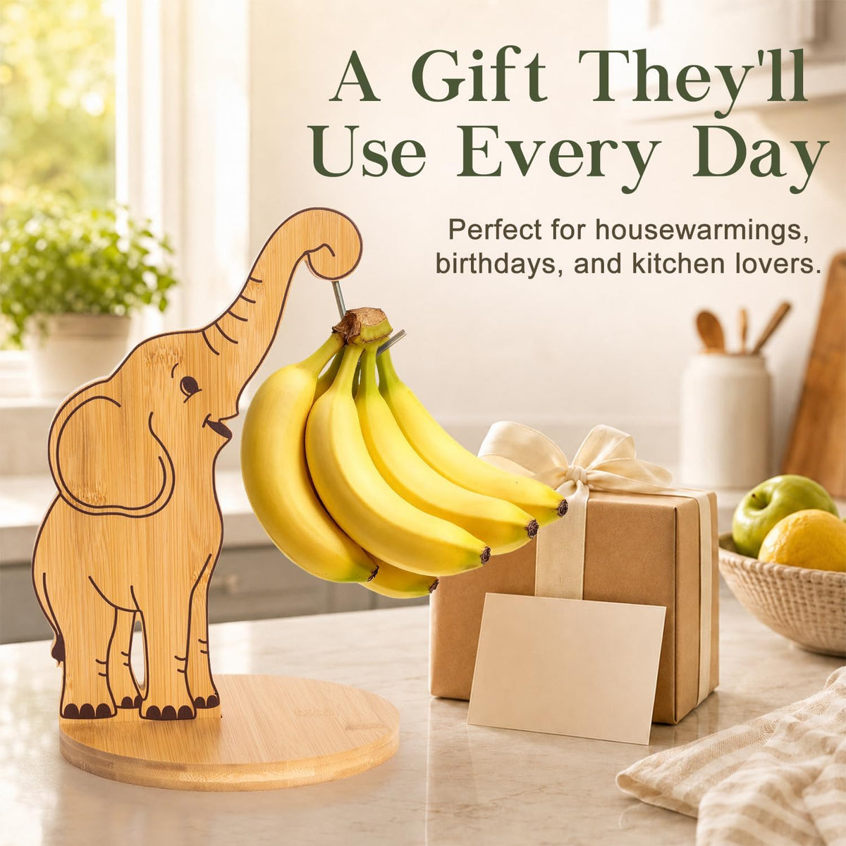 Giraffe Banana Holder Stand, Bamboo Banana Hanger with Stainless Steel Hook for Countertop or Under Cabinet – Decorative Banana Tree Fruit Holder for Even Ripening, Storage and Easy Access