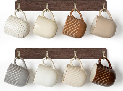 Wall Mug Holder, Wooden Coffee Cup Hanger Rack with 8 Hooks, Brown