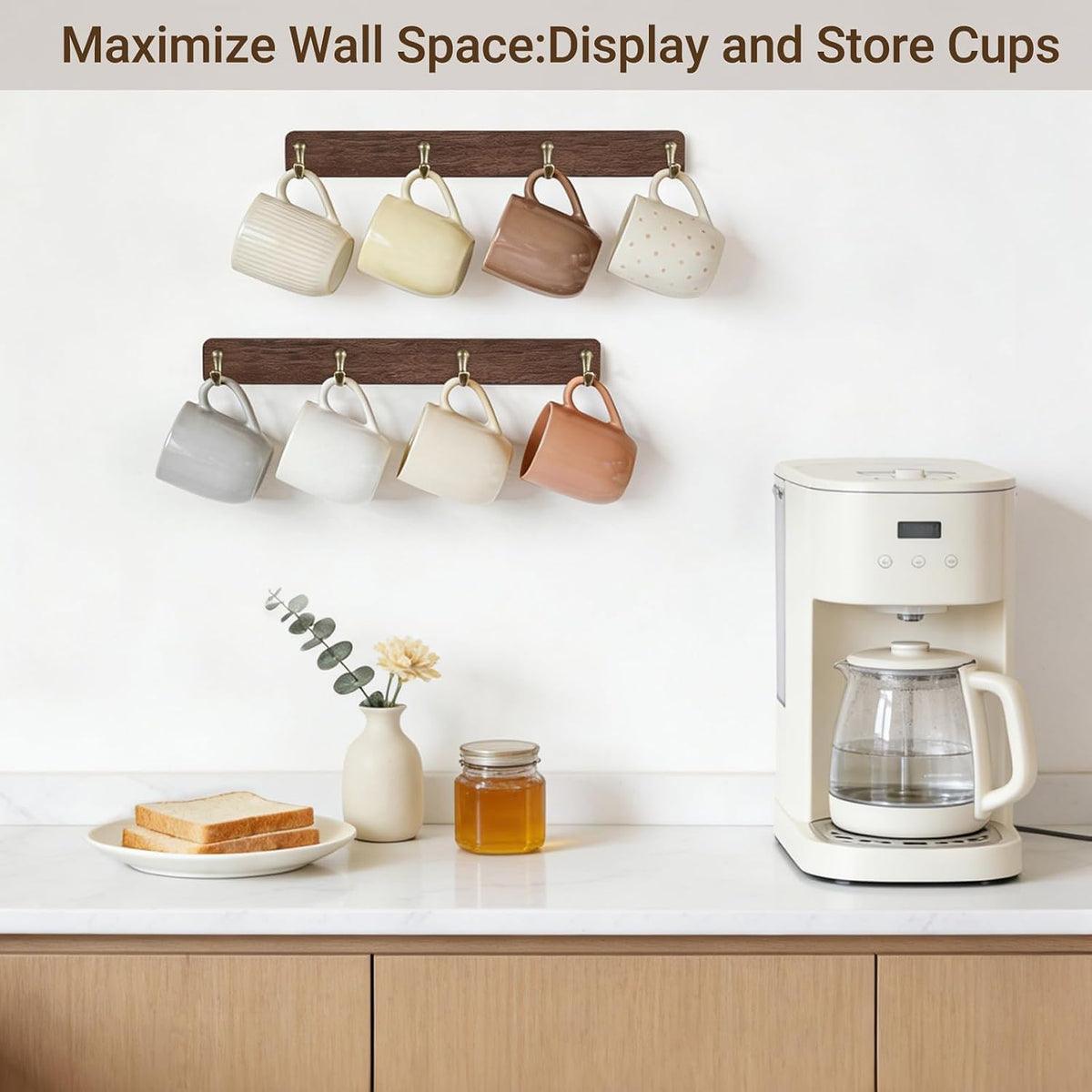 Wall Mug Holder, Wooden Coffee Cup Hanger Rack with 8 Hooks, Brown