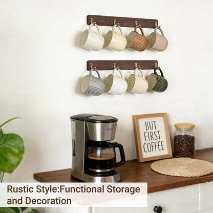Wall Mug Holder, Wooden Coffee Cup Hanger Rack with 8 Hooks, Brown