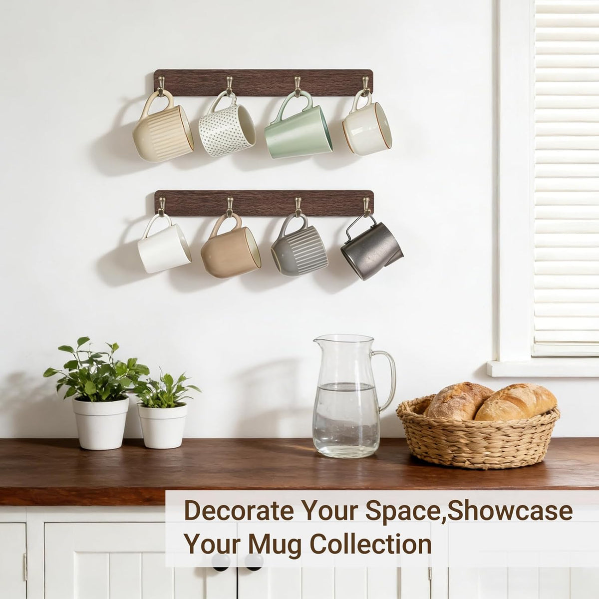 Wall Mug Holder, Wooden Coffee Cup Hanger Rack with 8 Hooks, Brown