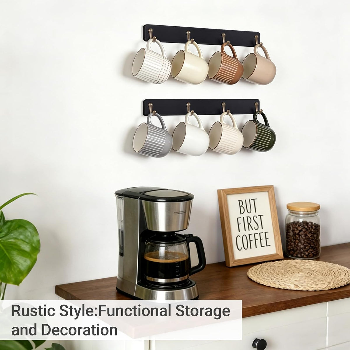 Wall Mug Holder, Wooden Coffee Cup Hanger Rack with 8 Hooks, Brown