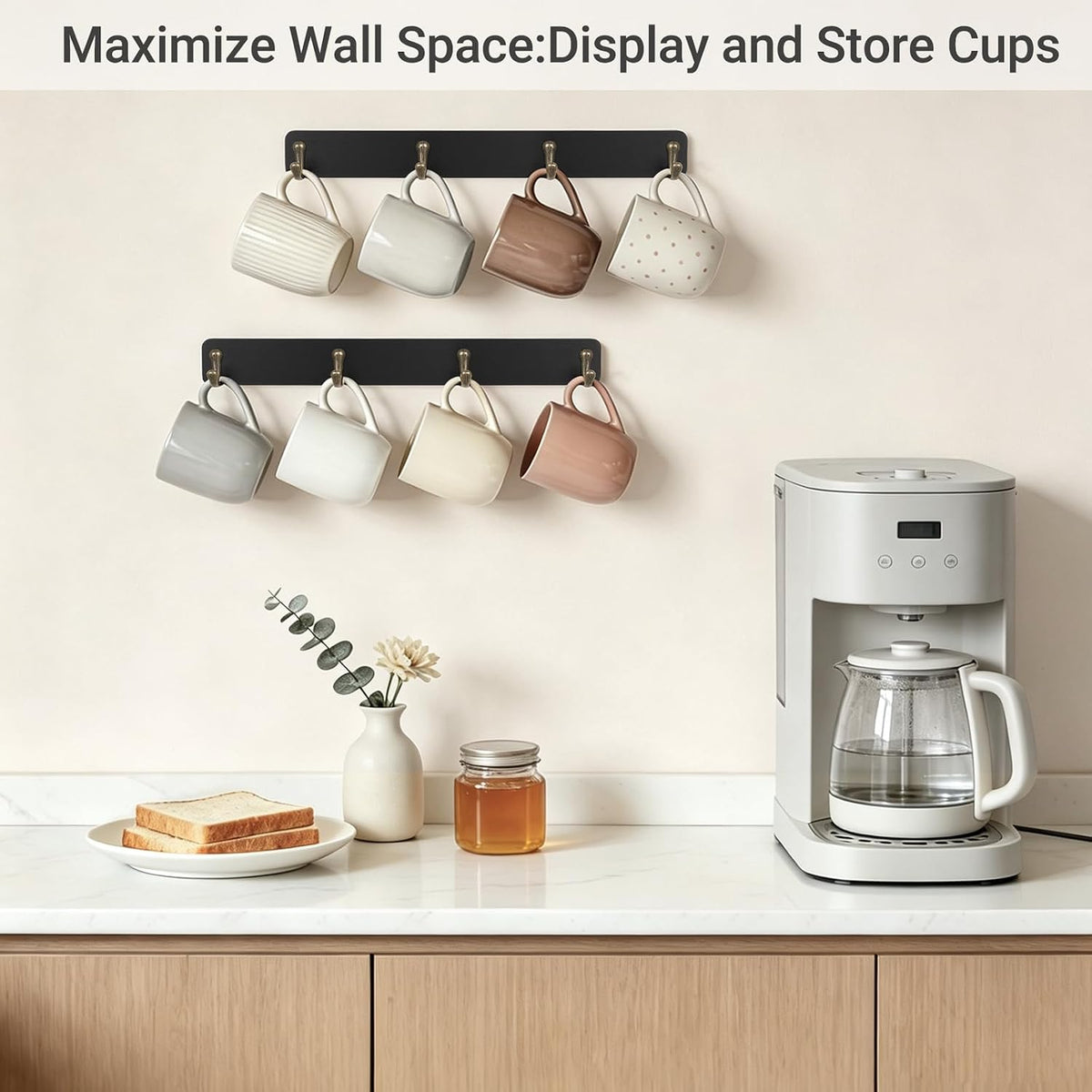 Wall Mug Holder, Wooden Coffee Cup Hanger Rack with 8 Hooks, Brown