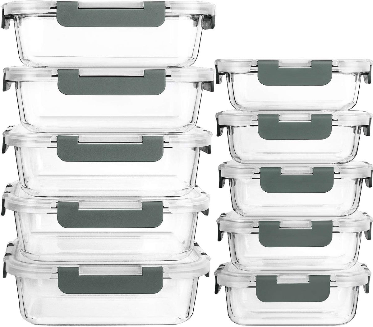 10 Pack Glass Food Storage Containers with Lids, Gray