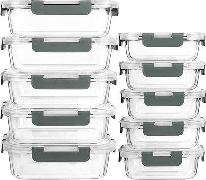 10 Pack Glass Food Storage Containers with Lids, Gray