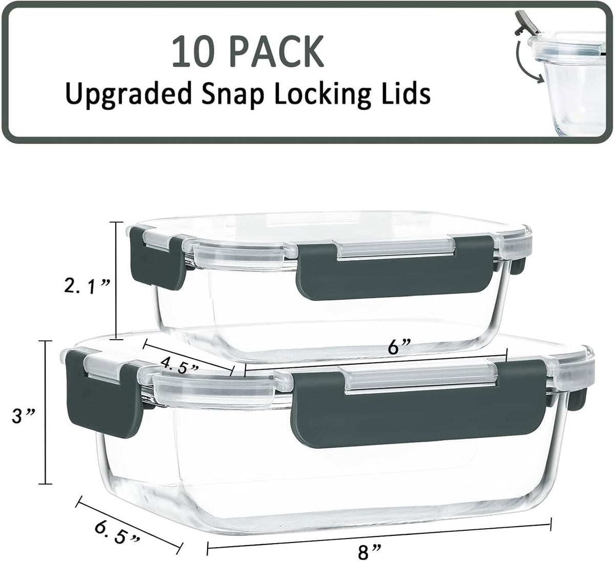 10 Pack Glass Food Storage Containers with Lids, Gray
