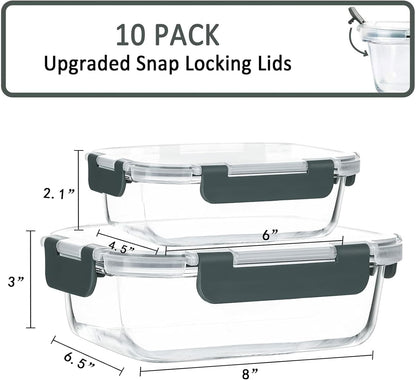 10 Pack Glass Food Storage Containers with Lids, Gray