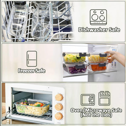 10 Pack Glass Food Storage Containers with Lids, Gray