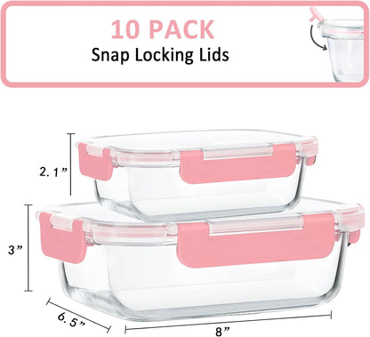 10 Pack Glass Food Storage Containers with Lids, Gray
