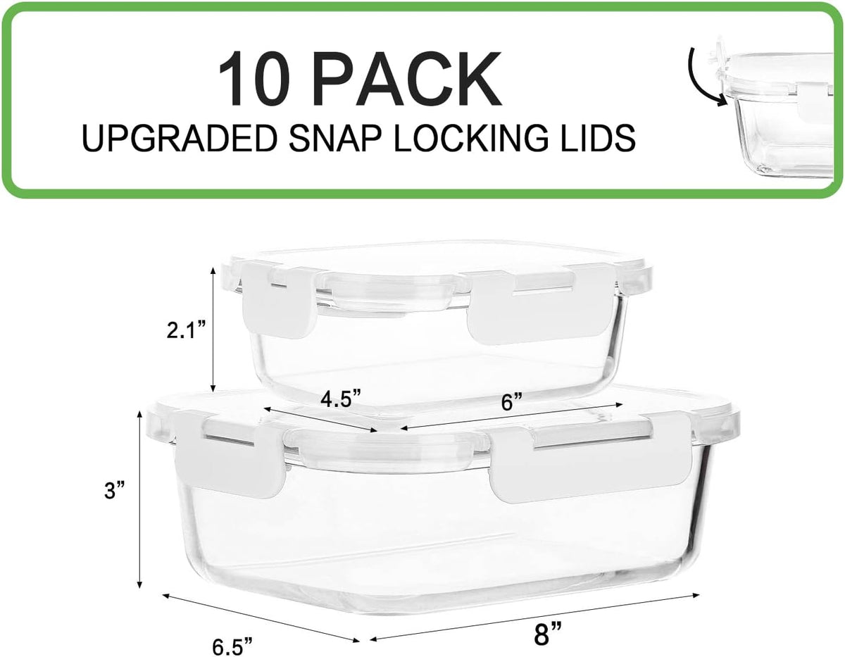 10 Pack Glass Food Storage Containers with Lids, Gray