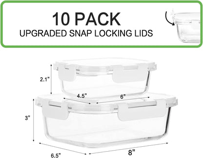 10 Pack Glass Food Storage Containers with Lids, Gray