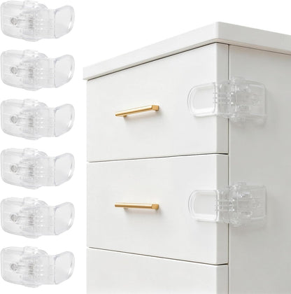 Roctee 6 Pack Drawer Baby Locks Clear, Baby Proof Locks for Side Drawers Pull Out Thin Dresser Kitchen Cabinet Bedside Tables, Safety Latch Child Proofing Clips