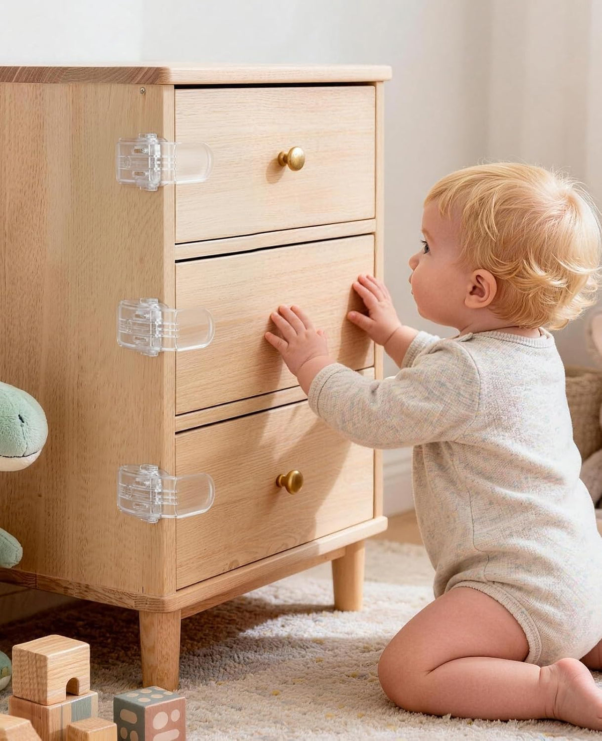 Roctee 6 Pack Drawer Baby Locks Clear, Baby Proof Locks for Side Drawers Pull Out Thin Dresser Kitchen Cabinet Bedside Tables, Safety Latch Child Proofing Clips