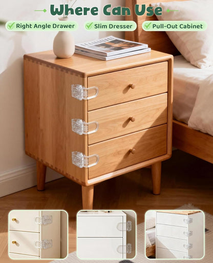 Roctee 6 Pack Drawer Baby Locks Clear, Baby Proof Locks for Side Drawers Pull Out Thin Dresser Kitchen Cabinet Bedside Tables, Safety Latch Child Proofing Clips
