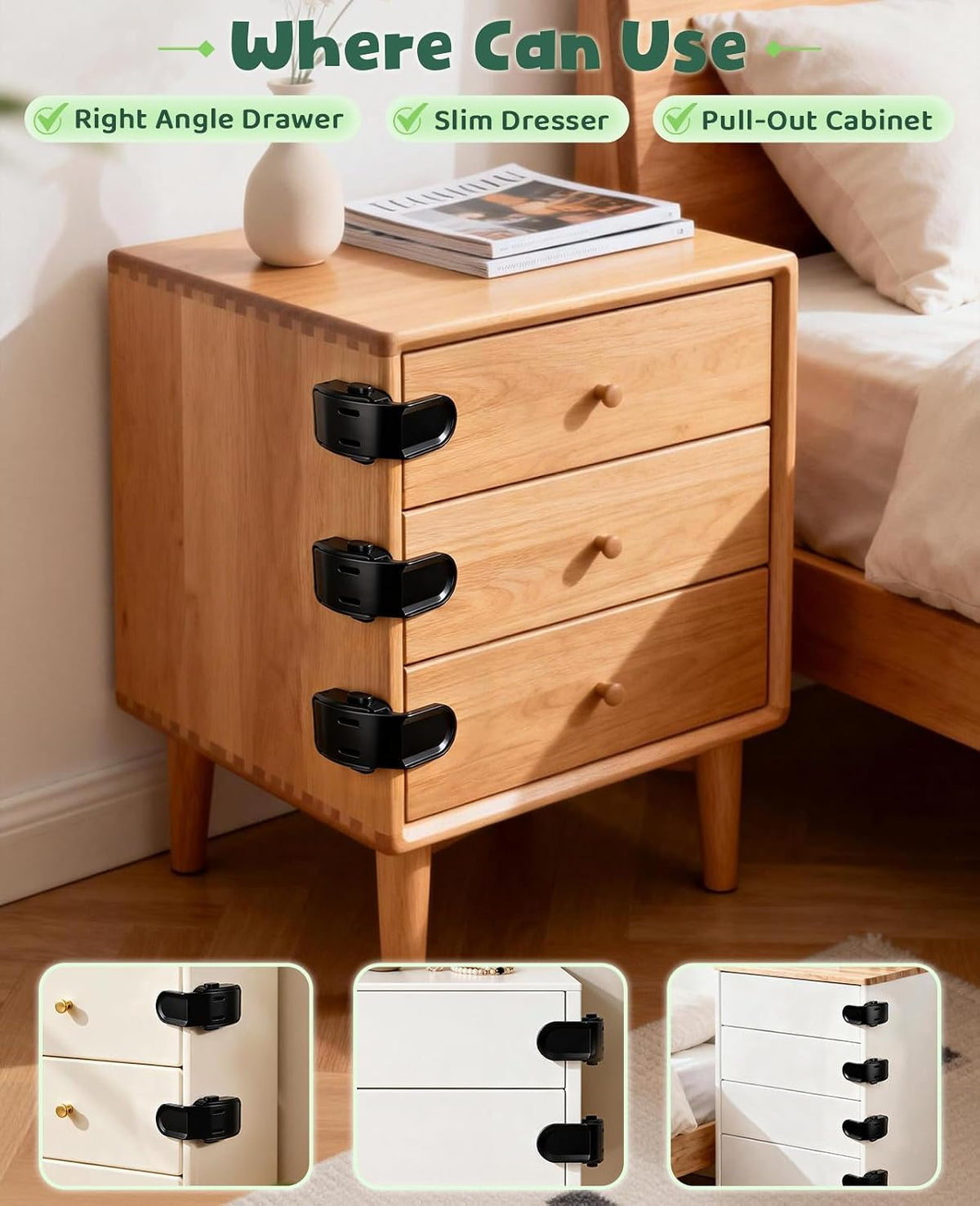 Roctee 6 Pack Drawer Baby Locks Clear, Baby Proof Locks for Side Drawers Pull Out Thin Dresser Kitchen Cabinet Bedside Tables, Safety Latch Child Proofing Clips
