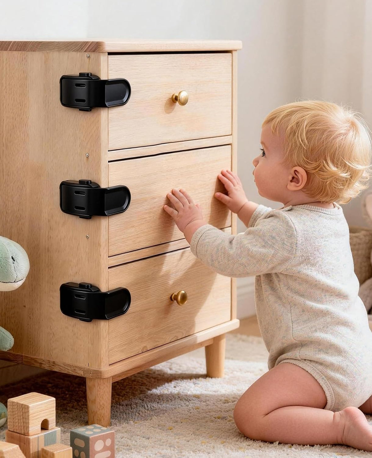 Roctee 6 Pack Drawer Baby Locks Clear, Baby Proof Locks for Side Drawers Pull Out Thin Dresser Kitchen Cabinet Bedside Tables, Safety Latch Child Proofing Clips