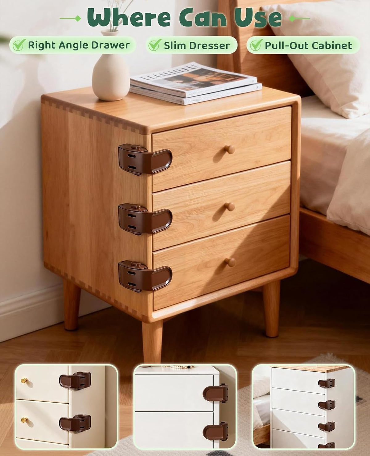Roctee 6 Pack Drawer Baby Locks Clear, Baby Proof Locks for Side Drawers Pull Out Thin Dresser Kitchen Cabinet Bedside Tables, Safety Latch Child Proofing Clips