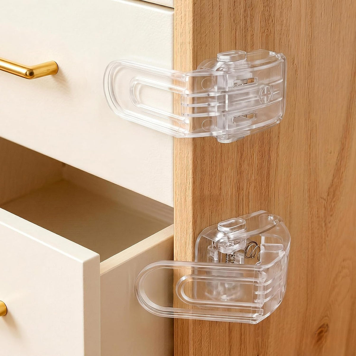 Roctee 6 Pack Drawer Baby Locks Clear, Baby Proof Locks for Side Drawers Pull Out Thin Dresser Kitchen Cabinet Bedside Tables, Safety Latch Child Proofing Clips